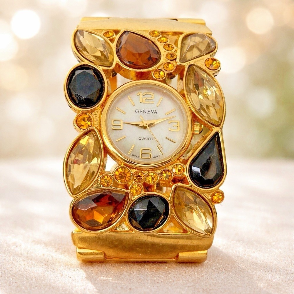 Geneva Gold Tone Crystal Cuff Bracelet Watch Women Quartz Japan Movt